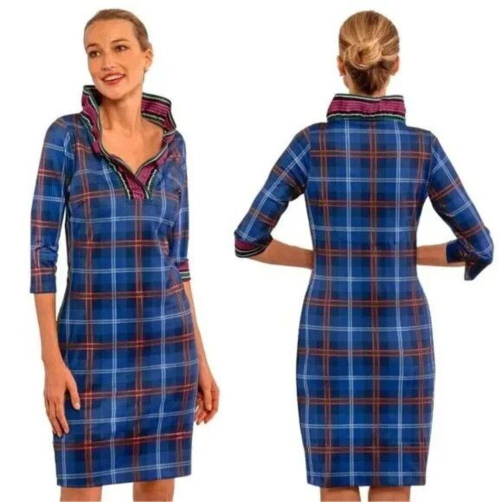 Gretchen Scott womens Blue Middleton Plaid Ruffneck Ruffle Neck Dress size XS
